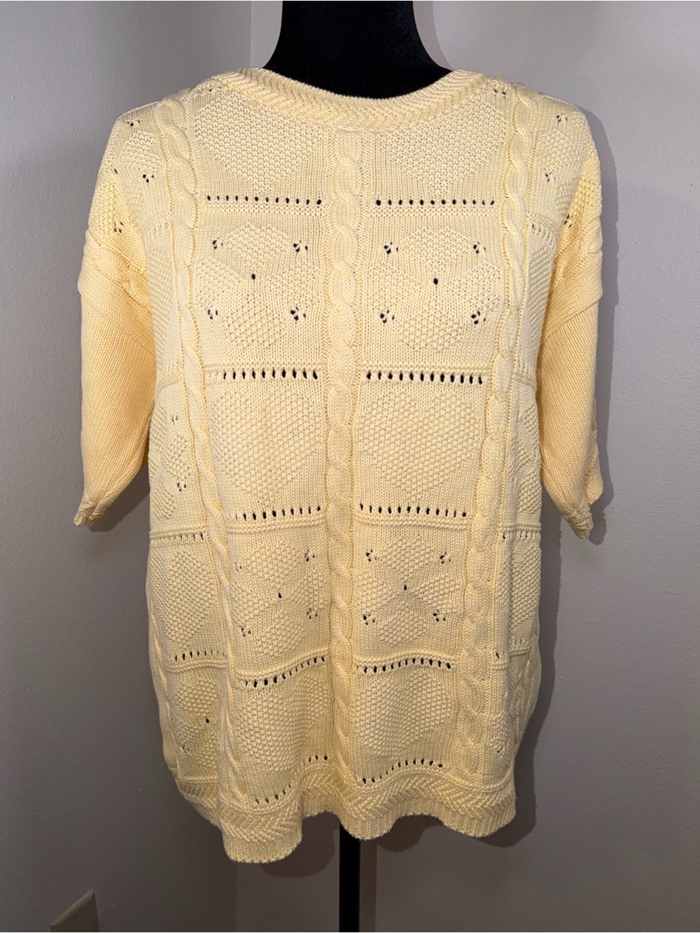 Vintage Orvis Knit Granny Square Retro Short Sleeve Sweater Top Cottage